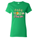 Green t-shirt with 'lucky charm' text and graphics
