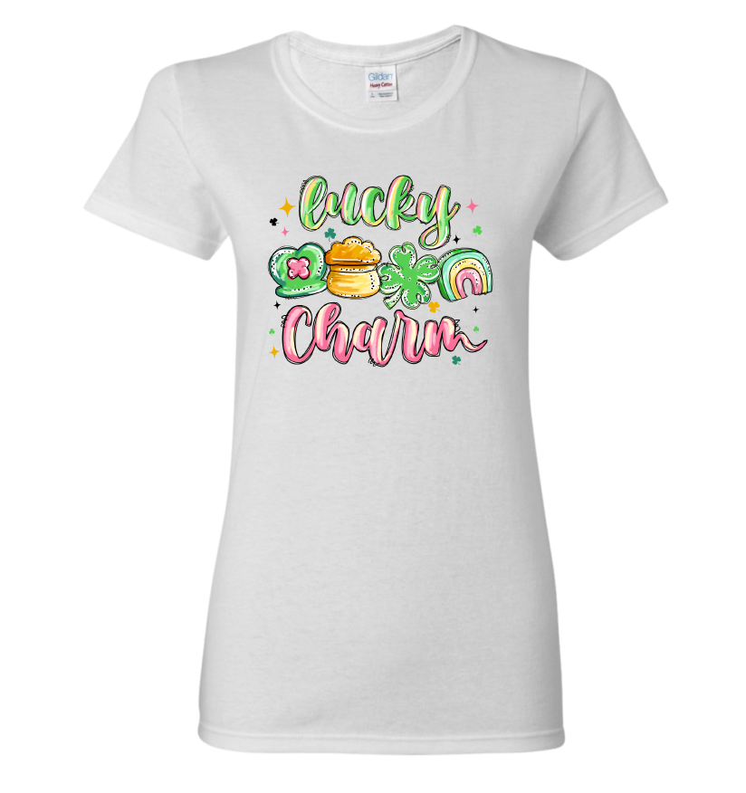 White t-shirt with 'Lucky Charm' text and colorful graphics on a white background