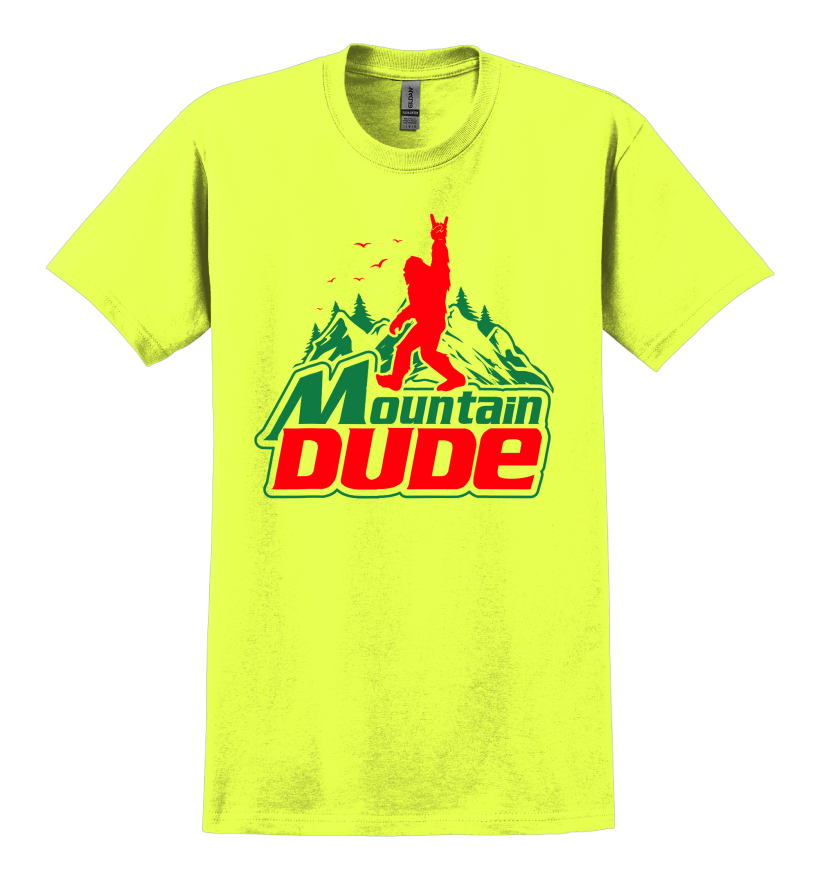 Safety Green t-shirt with Mountain Dude graphic design