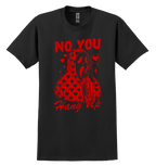 Black t-shirt with red graphic design and text