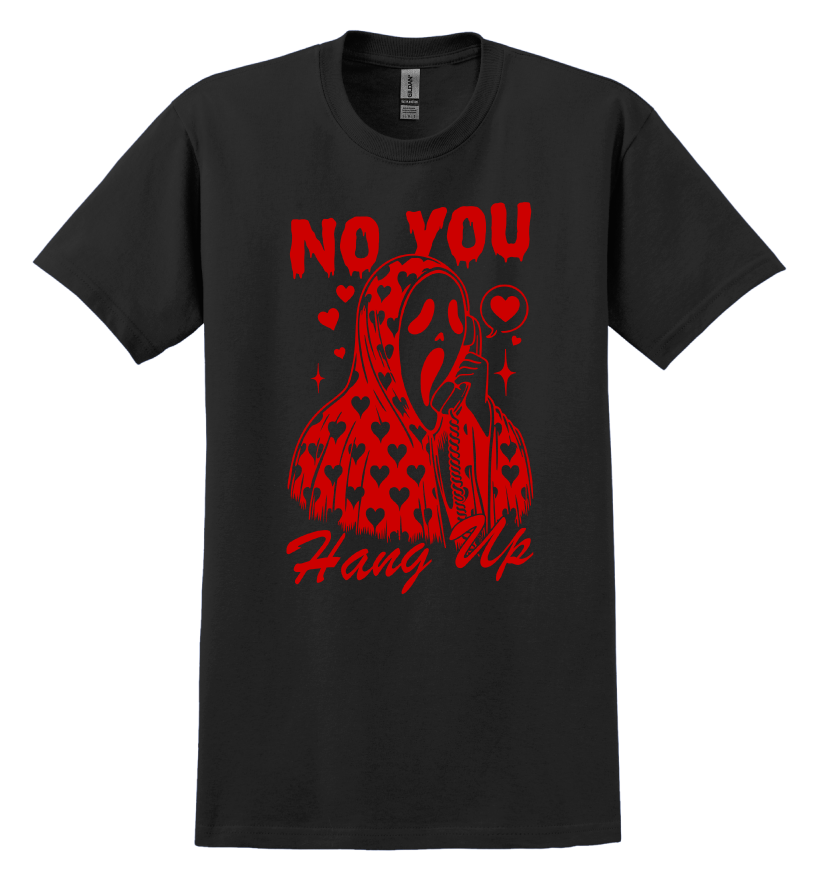 Black t-shirt with red graphic design and text