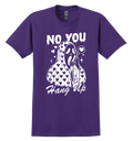 Purple t-shirt with white graphic design and text
