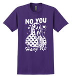 Purple t-shirt with white graphic design and text