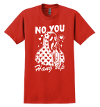 Red t-shirt with white graphic design and text