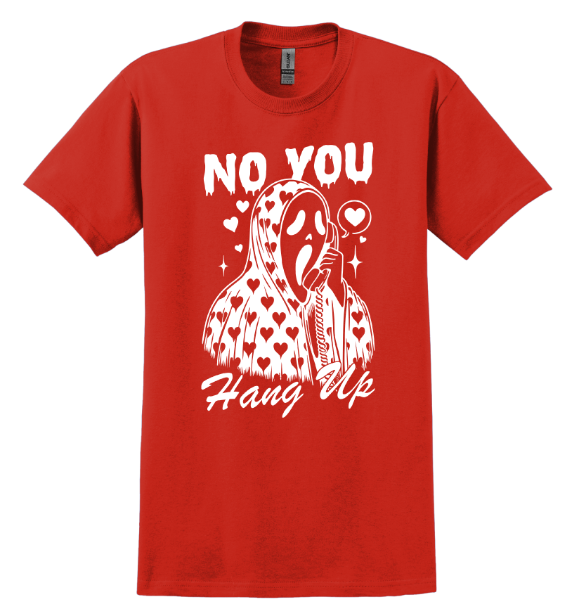 Red t-shirt with white graphic design and text