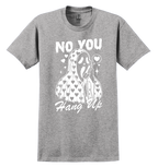 Gray t-shirt with a graphic design and text