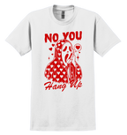 White t-shirt with red graphic design and text on a white background