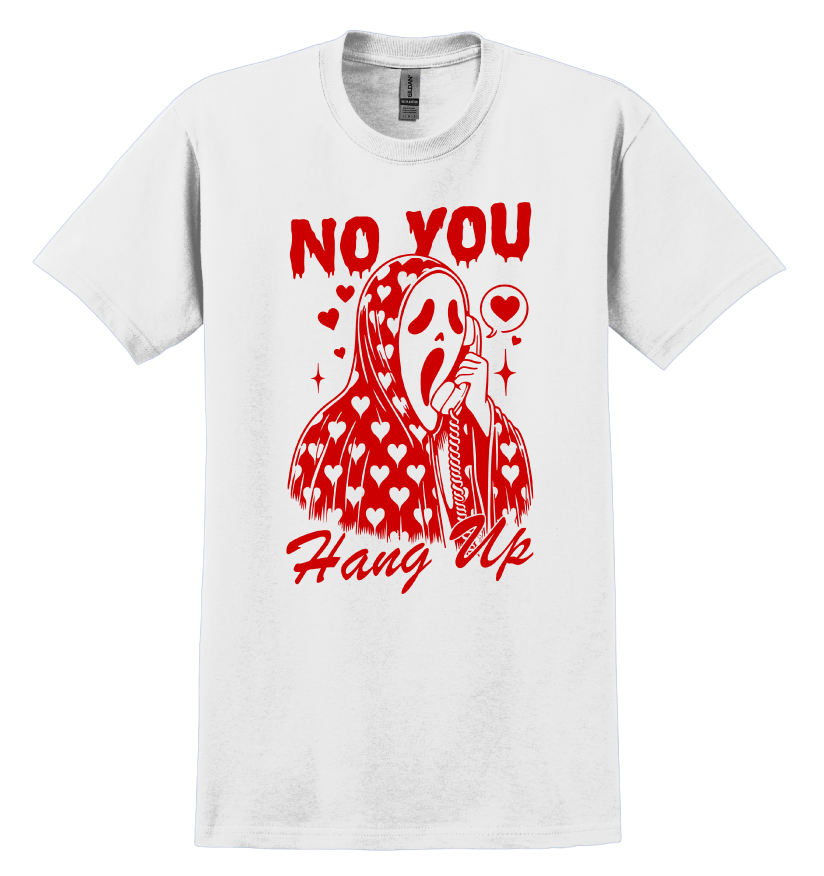 White t-shirt with red graphic design and text on a white background