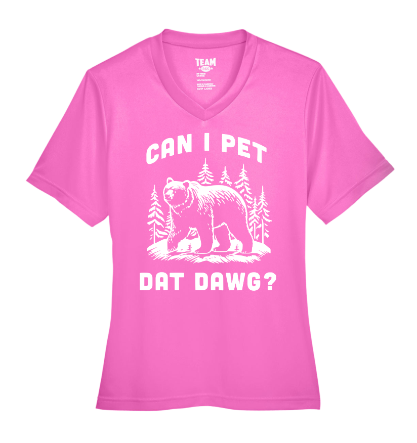 Pink t-shirt with bear graphic and text