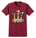 Maroon t-shirt with 'REINBEER' design featuring bottles and reindeer 