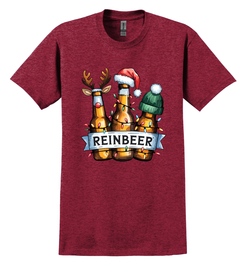 Maroon t-shirt with 'REINBEER' design featuring bottles and reindeer 