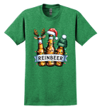 Green t-shirt with reindeer-themed beer bottles and 'REINBEER' text 