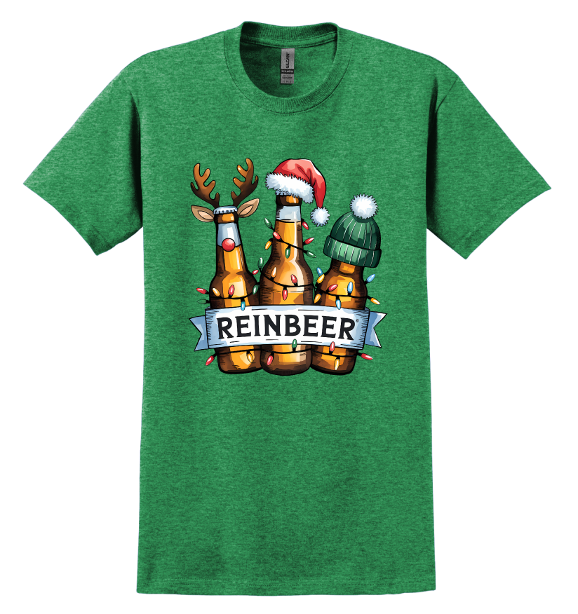 Green t-shirt with reindeer-themed beer bottles and 'REINBEER' text 