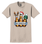 Beige t-shirt with 'REINBEER' design featuring beer bottles and Christmas hats