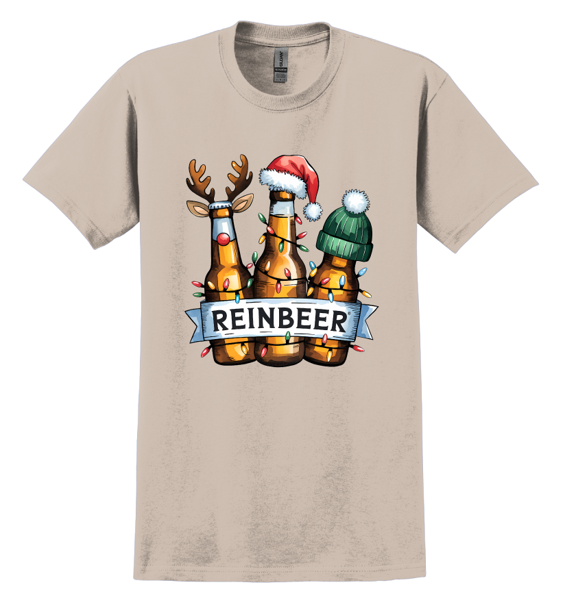 Beige t-shirt with 'REINBEER' design featuring beer bottles and Christmas hats