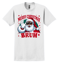 White t-shirt with a graphic of a modern dark skin-toned Santa Claus waving, wearing sunglasses, and text 'Merry Christmas Bruh' on a white background.