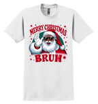 White t-shirt with a graphic of a modern dark skin-toned Santa Claus waving, wearing sunglasses, and text 'Merry Christmas Bruh' on a white background.