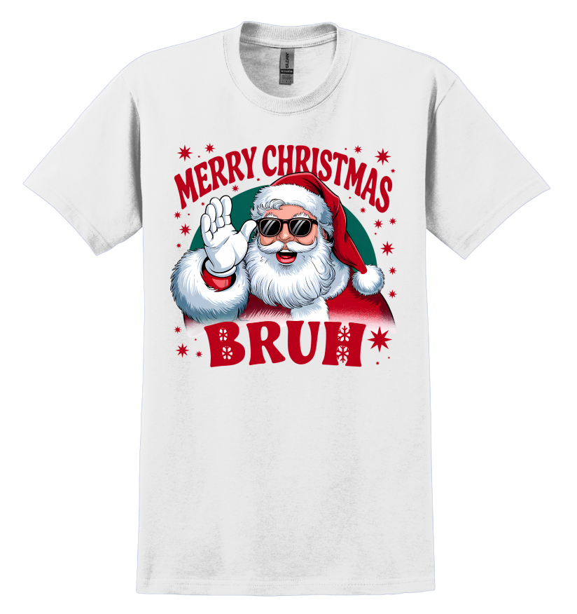 White t-shirt with a graphic of a light skin-toned Santa Claus wearing sunglasses and the text 'Merry Christmas Bruh' on a white background.