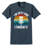 Navy blue t-shirt with 'I'm Sexy and I Throw It' disc golf graphic design