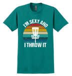 Teal t-shirt with 'I'm Sexy and I Throw It' disc golf graphic design