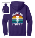 Purple hoodie with 'I'm Sexy and I Throw It' disc golf graphic
