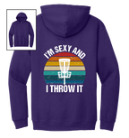 Purple hoodie with 'I'm Sexy and I Throw It' disc golf graphic