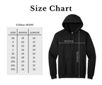Black hoodie with size chart on a white background