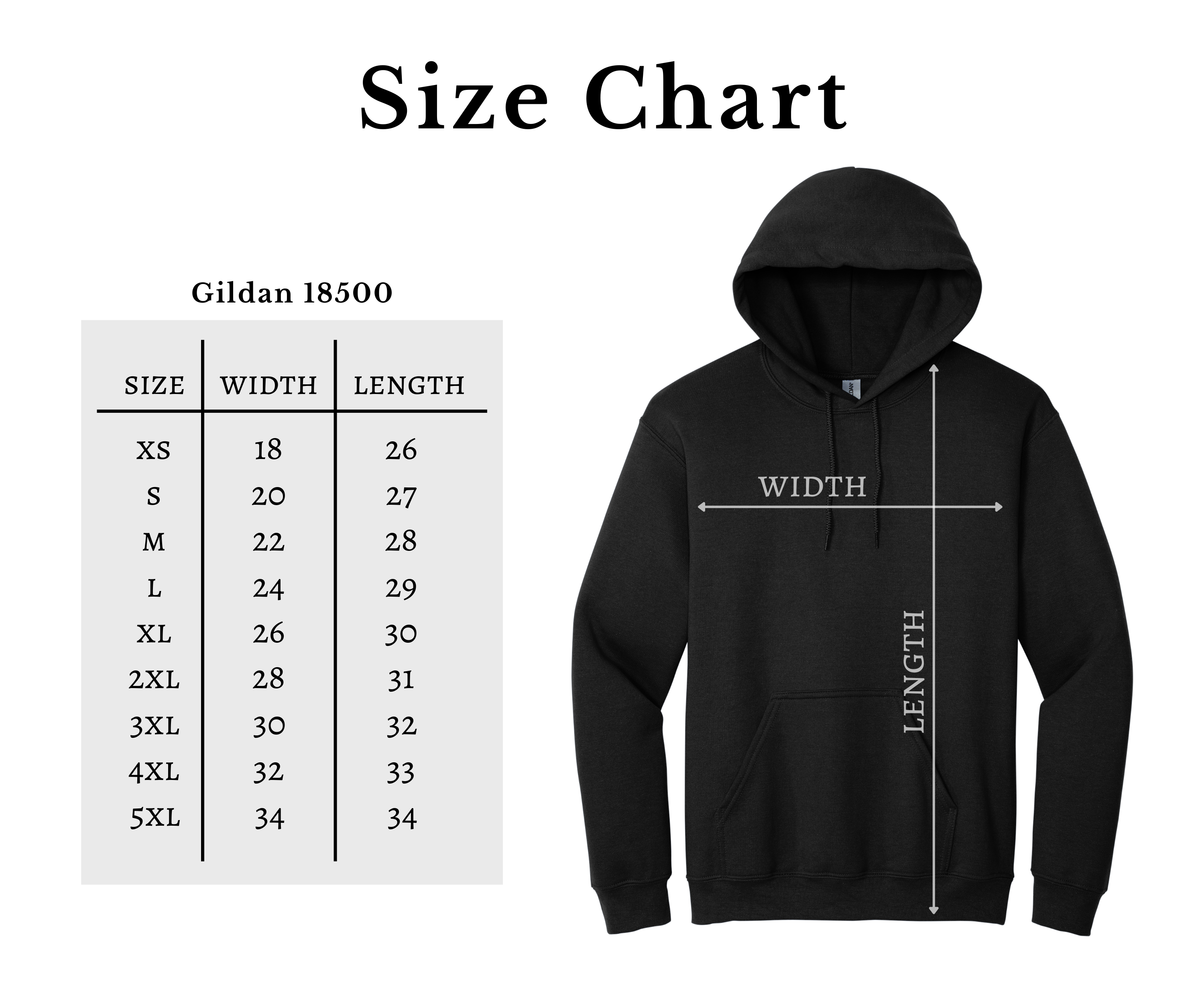 Black hoodie with size chart on a white background