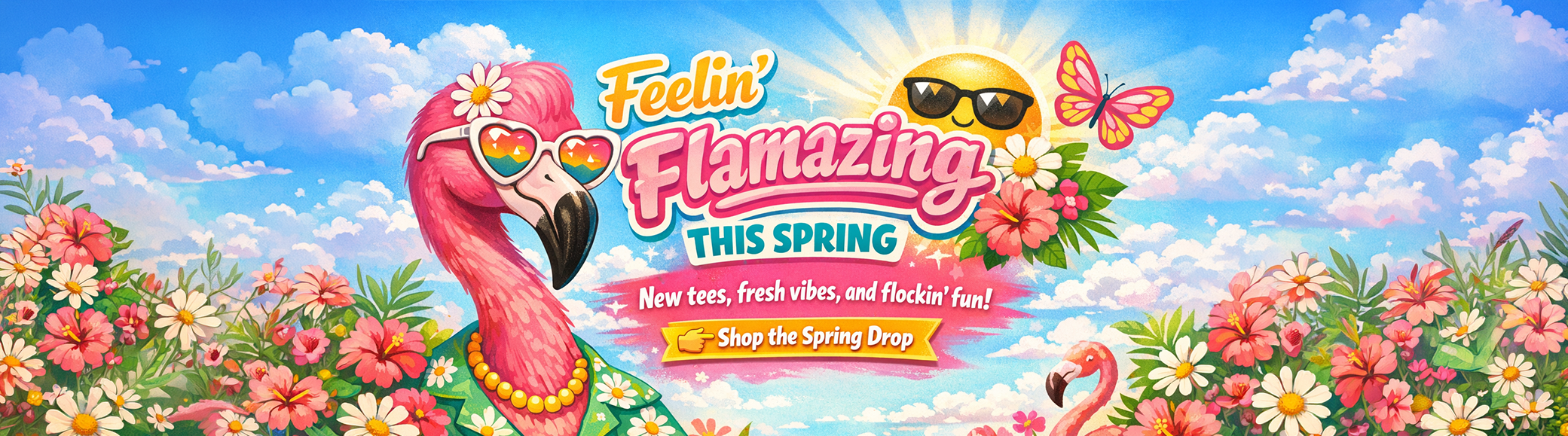 Flamingo wearing sunglasses and flowers on a bright blue sky background