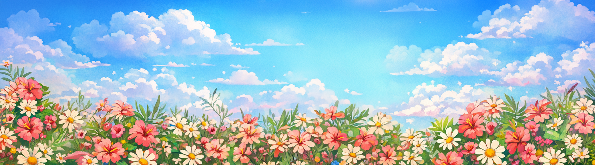Colorful flower field with a blue sky and white clouds