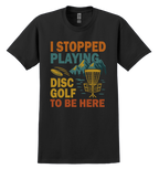 Black t-shirt with colorful disc golf graphic and text