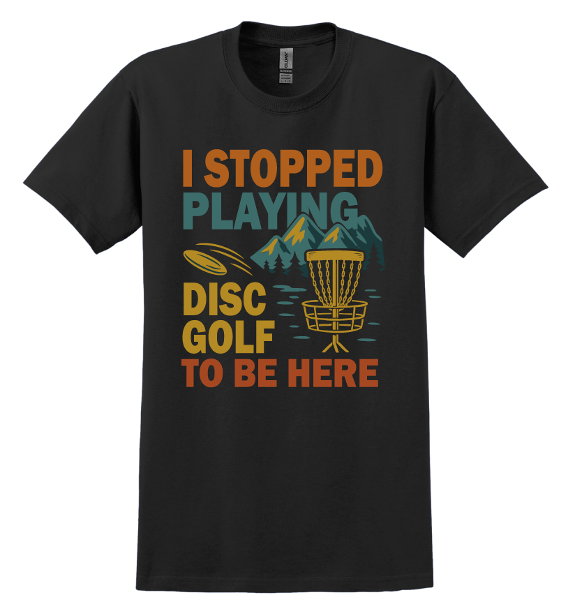 Black t-shirt with colorful disc golf graphic and text