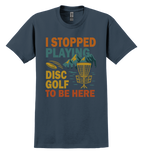 Navy blue t-shirt with colorful disc golf graphic and text