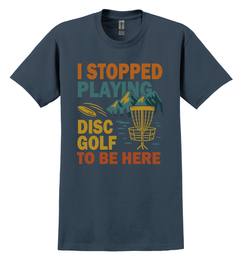 Navy blue t-shirt with colorful disc golf graphic and text