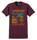 Maroon t-shirt with colorful disc golf graphic and text