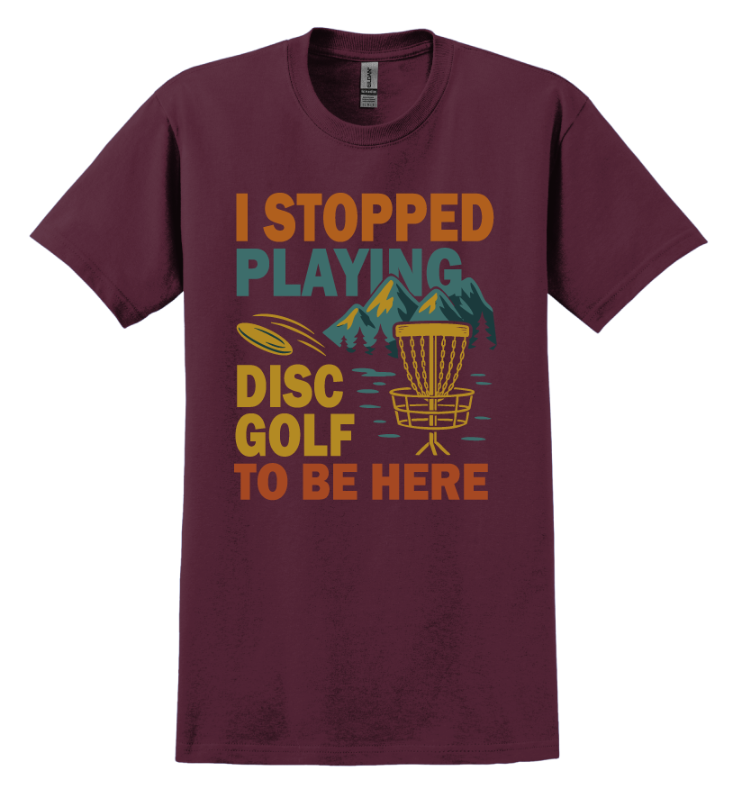 Maroon t-shirt with colorful disc golf graphic and text