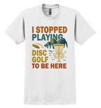 White t-shirt with colorful disc golf graphic and text