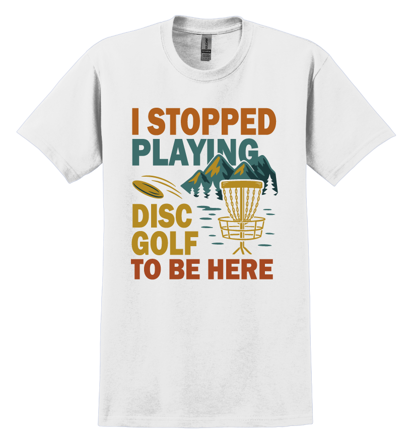 White t-shirt with colorful disc golf graphic and text