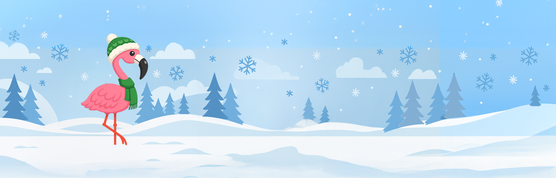 Flamingo in a winter landscape with snow and trees