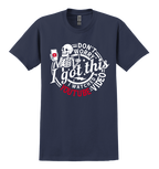 Navy t-shirt with a skeleton holding a phone and text that says: Don't worry, I got this. I watched a YouTube video.
