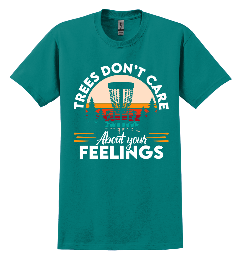 Teal t-shirt with humorous disc golf graphic and text on a white background