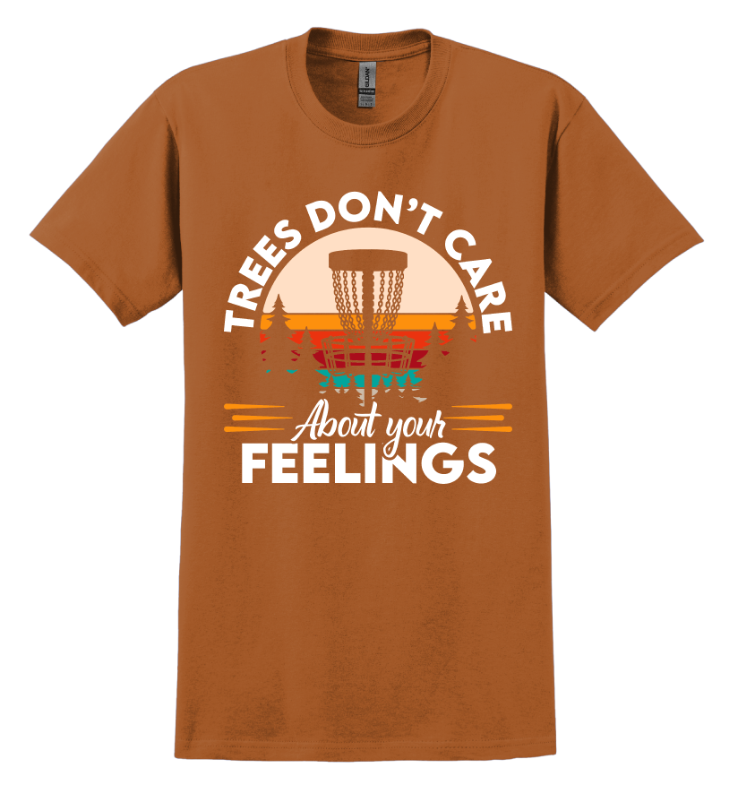 Brown t-shirt with humorous disc golf graphic and text on a white background